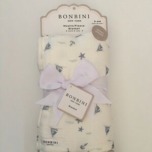 Baby Blanket Muslin Cotton Soft Fleece Lining Stars and Sailboats NEW | Bonbini
